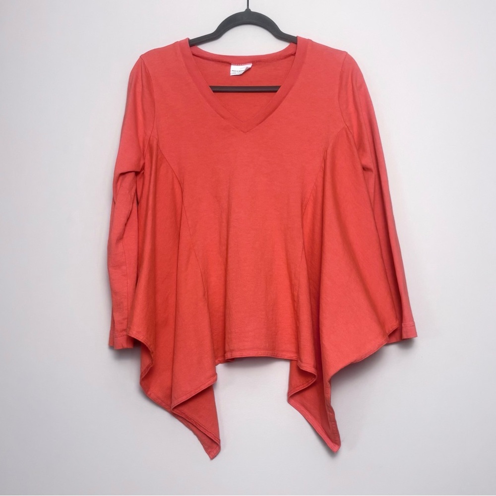 Pacificotton x Bryn Walker Lagenlook Sharkbite Hem V-Neck Top in Orange Small